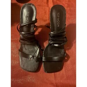 Top Moda Sandals Womens 7 Black Strappy Wrap Lace Up Square Toe Heels Dress